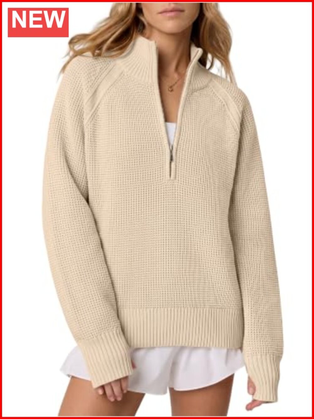 Womens Waffle Knit Quarter Zip Pullover Sweater Thumb Holes